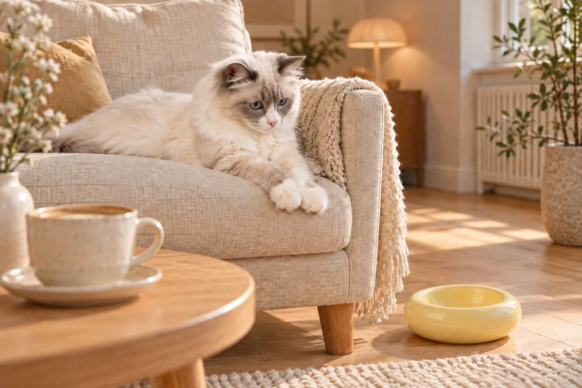 Lulu im warmen Zuhause mit Lieblingstasse und DONUT – mit KI inszeniert